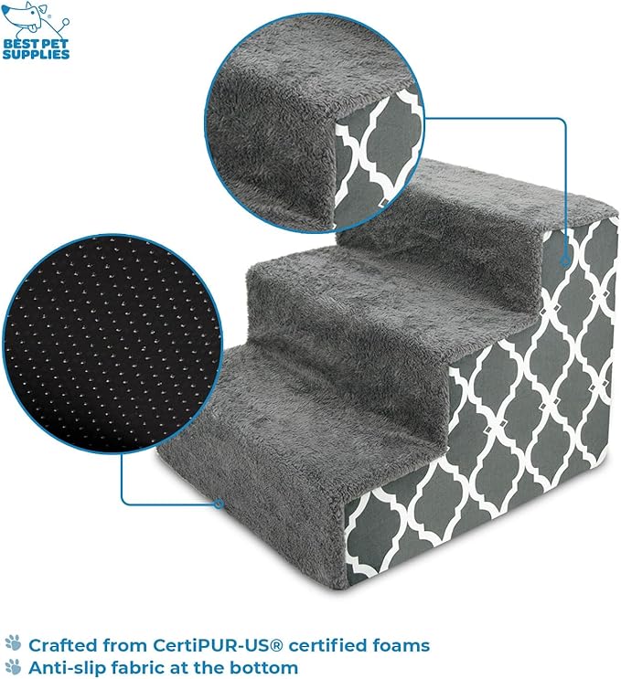 Best Pet Supplies Foam Pet Steps for Small Dogs and Cats, Portable Ramp Stairs for Couch, Sofa, and High Bed Climbing, Non-Slip Balanced Step Support, Paw Safe - Gray Lattice Print, 3-Step (H: 13.5")