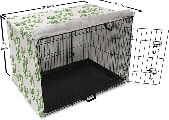 Ambesonne Watercolor Flowers Dog Crate Cover, Cactus Plants Exotic Climate Botanical Branches Mother Nature, Easy to Use Pet Kennel Cover for Cats & Medium Dogs, 30 Inch, Fern Green
