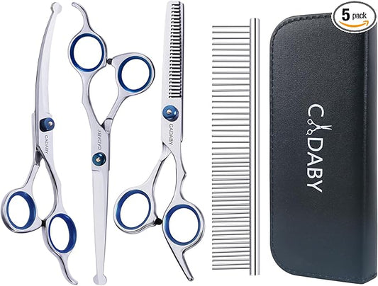 Dog Grooming Scissors with Safety Round Tips,5 in 1 Dog Grooming Scissors Kit, 4CR Stainless Steel Professional Pet Grooming Shears for Dog, Cat,Sharp and Sturdy