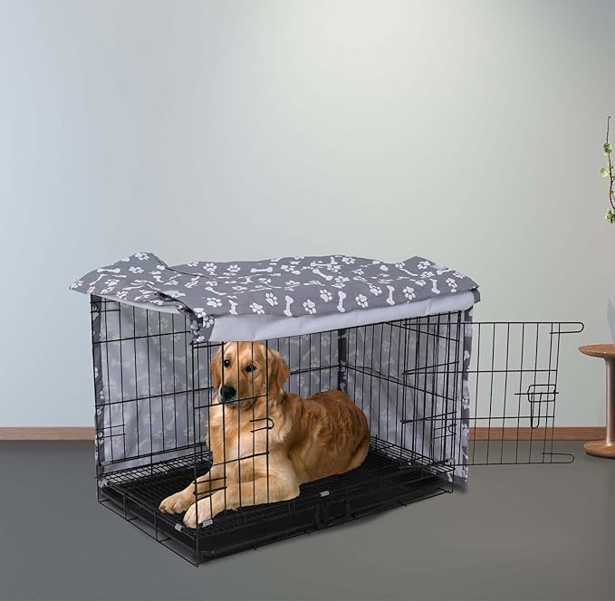 Dog Crate Cover for Wire Crates, Heavy Nylon Waterproof, Fits Most 48" inch Dog Crates, Easy to Put On, Take Off, and Adjust - Cover only - GrayPaw - M