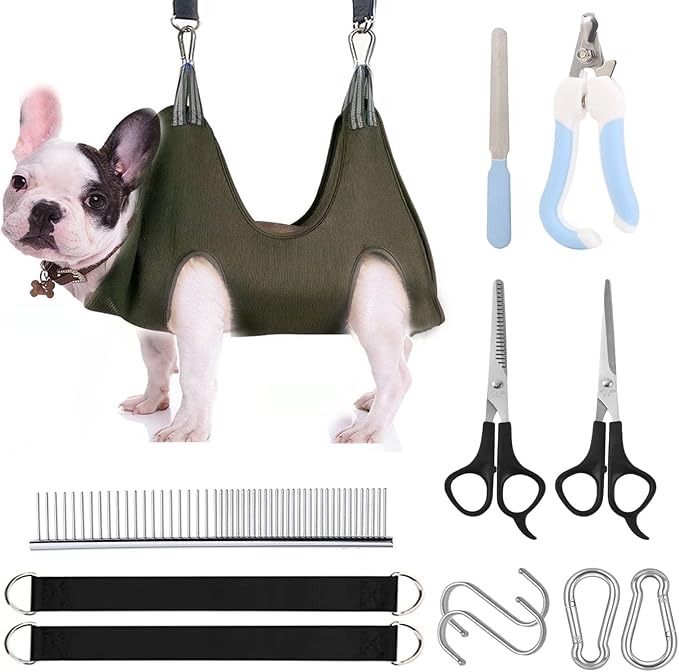 BLUECOW Pet Grooming Set, 12 in 1 Nail Trimming Hammock for Dogs Cats, Restraint Bag Including Nail Clipper, Trimmer, Scissors, Nail File and Comb