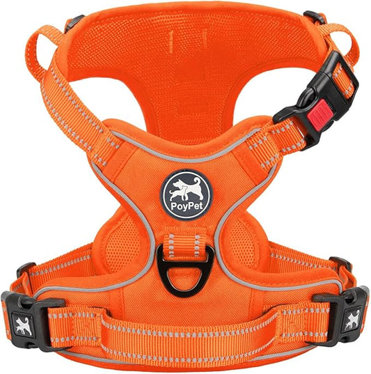 PoyPet No Pull Dog Harness, No Choke Reflective Dog Vest, Adjustable Pet Harnesses with Easy Control Padded Handle for Small Medium Large Dogs(Orange Matching Trim,M)