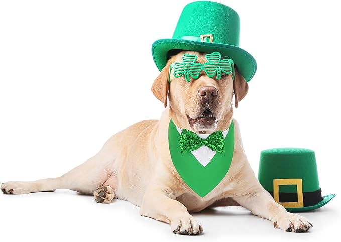 ADOGGYGO St.Patrick's Day Dog Tuxedo Bandana, Green Pet Tux Collar with Bowtie Adjustable St Patricks Costume for Medium Large Dogs Pets (L)