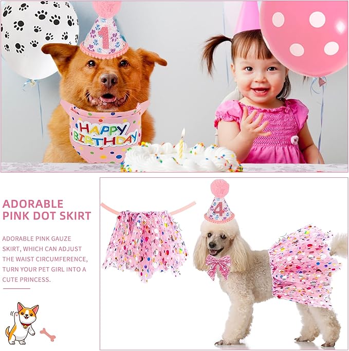 Dog Birthday Bandana Hat Girl Dogs Birthday Party Supplies Red Bowtie Dogs Tutu Skirt for Girl Dog Birthday Decorations