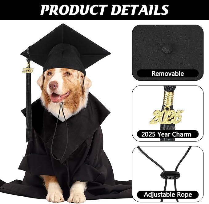 Pet Graduation Cap Small Dog Graduation Hats with 2025 Tassel Pet Graduation Costume for Dogs Cats Photo Prop Holiday Costume Accessory(Black)