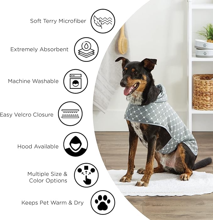 Bone Dry Pet Robe Collection, Trellis Paw Print, Absorbent Microfiber Bath Robe with Adjustable Closure for Dogs & Cats, X-Small, Stonewash Blue
