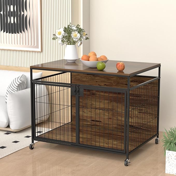 Dog Crate Furniture for Large Dogs, Wooden Dog Kennel with Double Doors, Heavy Duty End Table Dog Crate for Dogs Indoor, Rotating Wheels or Foot Pads,39.4" L x 28.3" W x 31.7" H