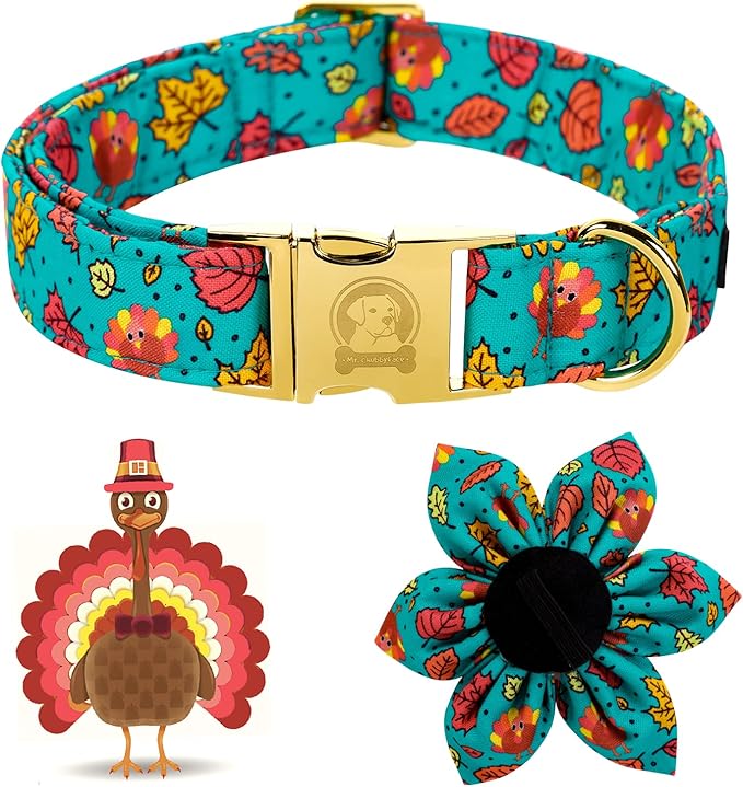 MR. CHUBBYFACE Thanksgiving Dog Collar Fall Maple and Turkey Flower Dog Collar Adjustable Dog Collar with Flower for Small Medium Large Dogs