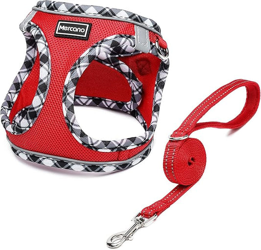 Mercano Soft Mesh Dog Harness and Leash Set, No-Chock Step-in Reflective Breathable Lightweight Easy Walk Escape Proof Vest Harnesses with Safety Buckle for Small Medium Dogs, Cats (Red, XL)
