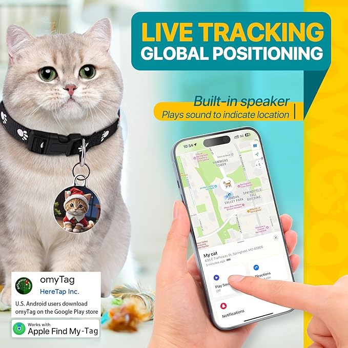 Cat Tracker-Airtag Cat Collar-GPS Tracker for Cats-Android Airtag-Pet Tracker| Android and iOS Universal | No Monthly Fee | No Charging Required | Waterproof | Works with Any Collar