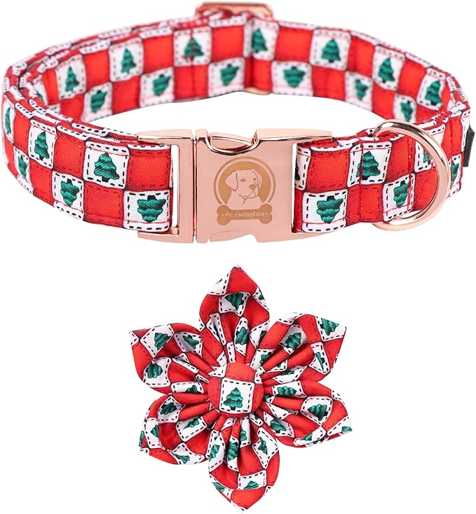 MR. CHUBBYFACE Christmas Dog Collar with Flower, Adjustable Christmas Tree Dog Collar with Metal Buckle, Cute Durable Cotton Boy Girl Dog Collars for Small Medium Large Dogs