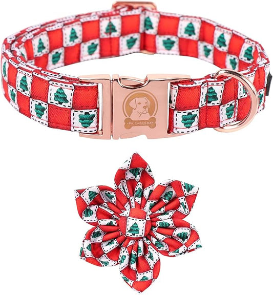 MR. CHUBBYFACE Christmas Dog Collar with Flower, Adjustable Christmas Tree Dog Collar with Metal Buckle, Cute Durable Cotton Boy Girl Dog Collars for Small Medium Large Dogs
