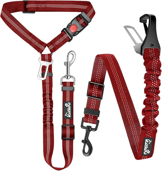 Lukovee Dog Seatbelt Leash for Cars, 2 Pack Pet Safety Car Seat Belt with Adjustable Buckle & Reflective Bungee, Connect Dog Harness in Vehicle Car Dogs Restraint Travel Daily Use (Red)
