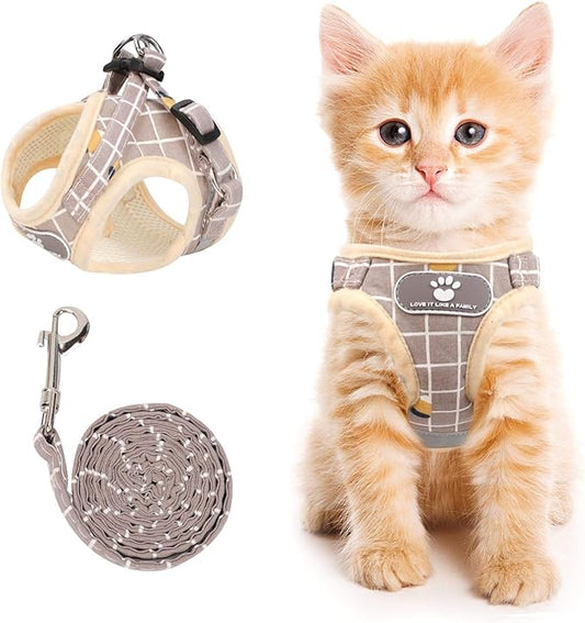 Cat Vest Harness and Small Dog Vest Harness for Walking, All Weather Mesh Harness, Cat Vest Harness with Reflective Strap, Step in Adjustable Harness for Small Cats (Khaki-Pattern, XS)