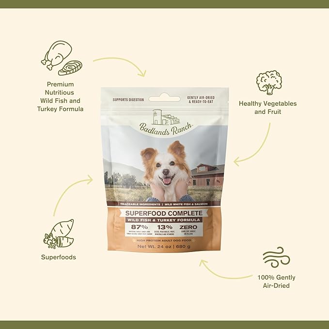 BADLANDS RANCH- Superfood Complete, Air-Dried Adult Dog Food - High Protein, Zero Fillers, Superfood Nutrition by Katherine Heigl (24 oz. Wild Fish and Turkey Formula)