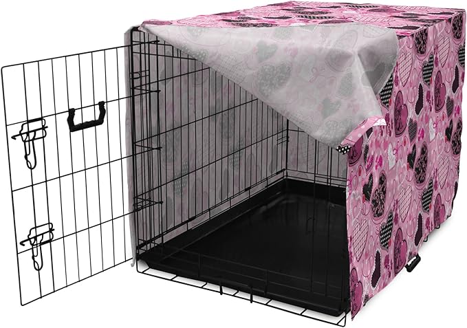 Lunarable Hearts Dog Crate Cover, Sewing Themed Love with Polka Dots Valentine's Day Inspired Image, Easy to Use Pet Kennel Cover for Cats & Medium Dogs, 30 Inch, Pink Black White