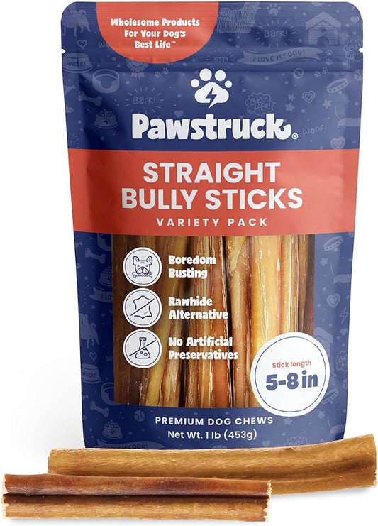 Pawstruck Premium 5-8" Bully Sticks for Dogs, 1 lb Bag - 100% Digestible Natural Beef Low Odor Long Lasting Chew for Medium Large Dogs - Single Ingredient Rawhide Free Treat Enrichment