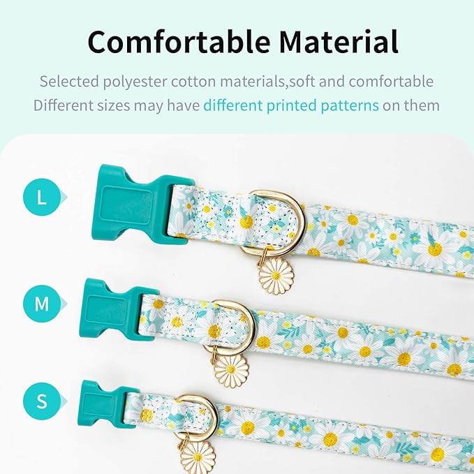 Fashionable Dog Collar with Bow Tie for Small Medium Large Dogs,Cute and Soft Puppy Collar for Male Female Dogs, Durable Cotton Dog Collar with Adjustable Buckle Butterfly Pattern (Medium, Cyan Daisy)