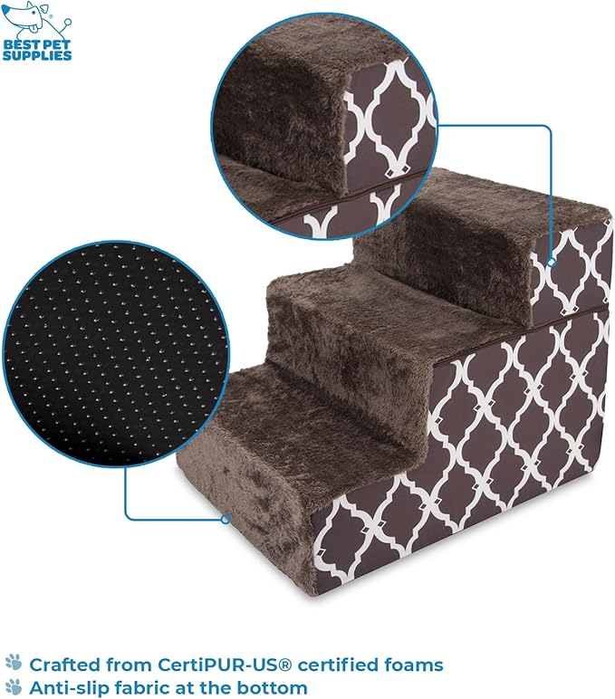 Best Pet Supplies Portable Foldable Foam Pet Stairs/Steps for Couch, Sofa, and High Bed, Non-Slip Bottom Balanced Paw Safe - Brown Lattice Print, Foldable 3-Step (H: 16.5")