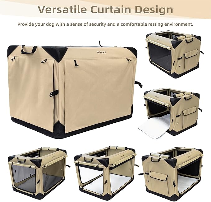 Pettycare 42 Inch Collapsible Dog Crate with Curtains Travel Dog Crate for Airflow and Calm Soft Pet Kennel with Portable Bag and More Chew Proof Mesh Indoor & Outdoor Beige 4 Door Curtains