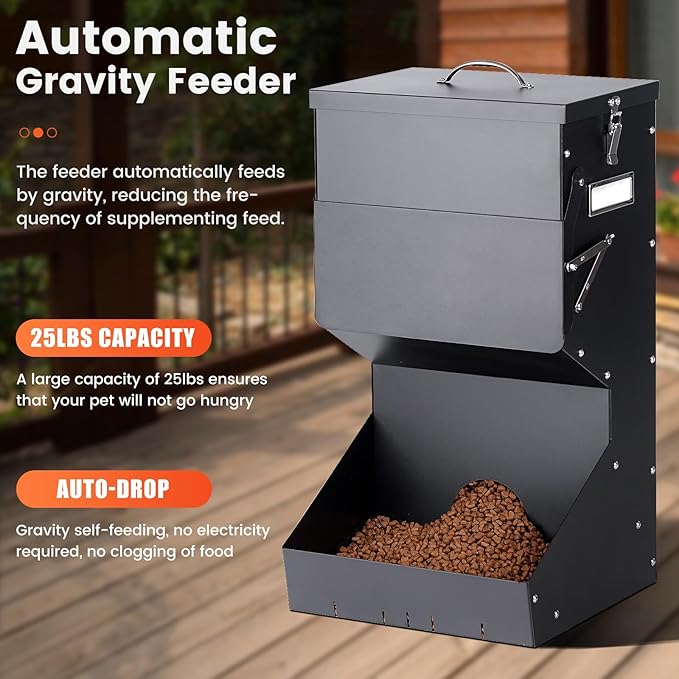 Automatic Dog Feeder Large Breed with Lid, 25 Lbs Outdoor and Intdoor Gravity Dog Feeder and Hanging Self Feeding Dogs Food Dispenser, Automatic Dogs Feeders For Large Dogs, Cats, Deer, Chicks