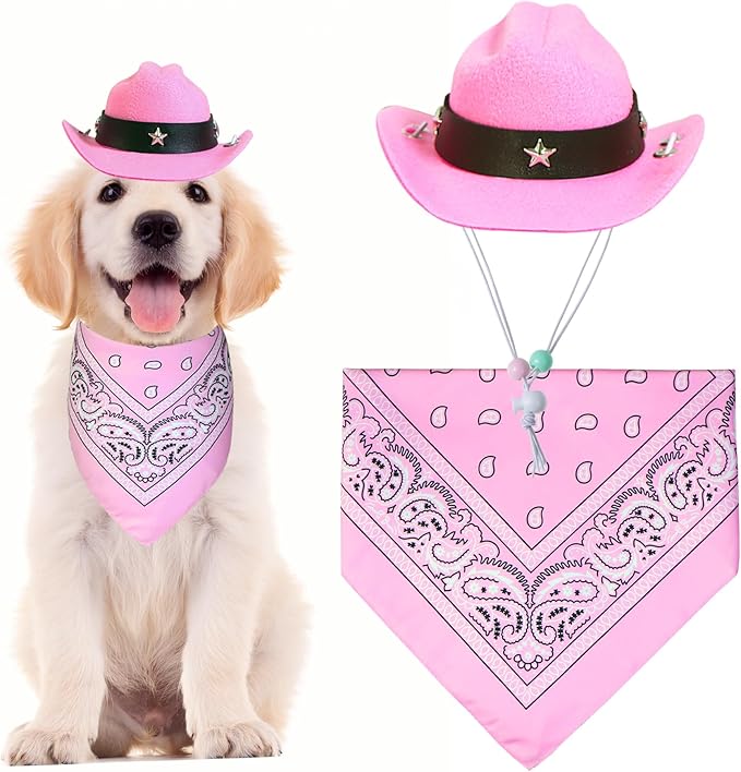 Dog Halloween Costumes, Dog Cowboy Costume Halloween Pet Cowboy Hat Bandana Scarf for Small Medium Large Dogs Pets (Pink Hat & Pink Bandana, Small)