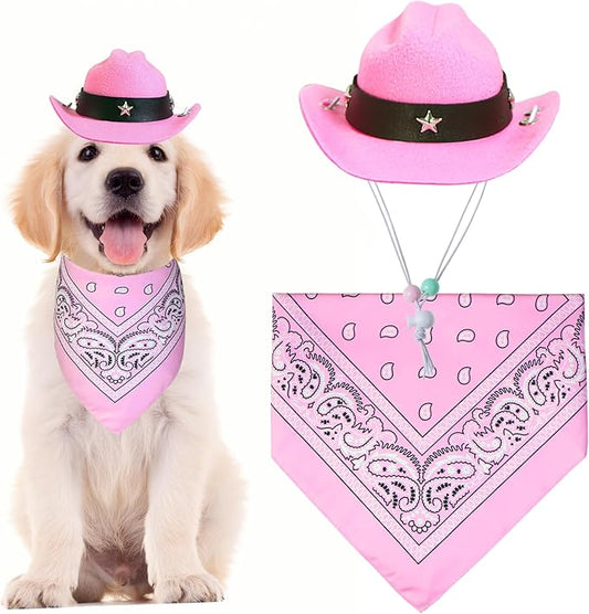 Dog Halloween Costumes, Dog Cowboy Costume Halloween Pet Cowboy Hat Bandana Scarf for Small Medium Large Dogs Pets (Pink Hat & Pink Bandana, Small)