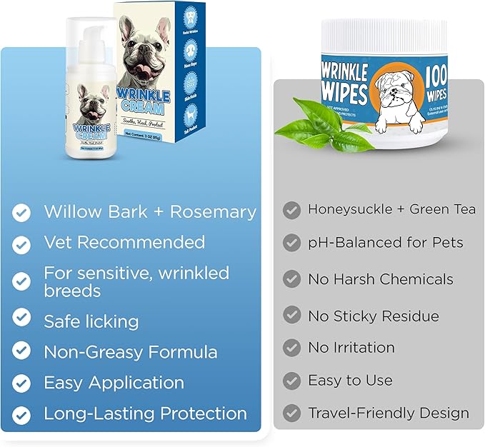 Bulldog Wrinkle Wipes & Cream Combo – Dual‑Texture Dog Face Wipes & Soothing Wrinkle Paste – 100 Wipes + 85 g Cream