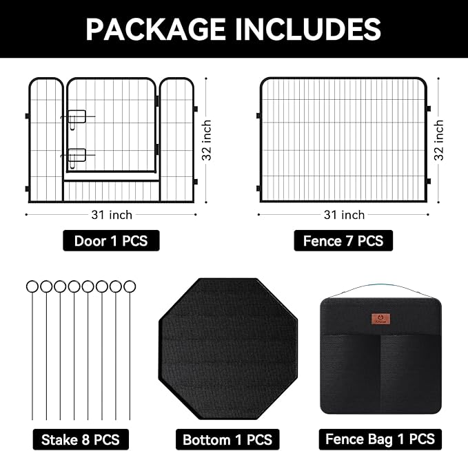 PJYuCien Dog Playpen Plus Storage Bag for Camping, 32" H Dog Pen with Extra Hard Bottom and Top，Heavy Duty Foldable Puppy Playpen for Puppies/Small and Medium Dogs, 8 Panels