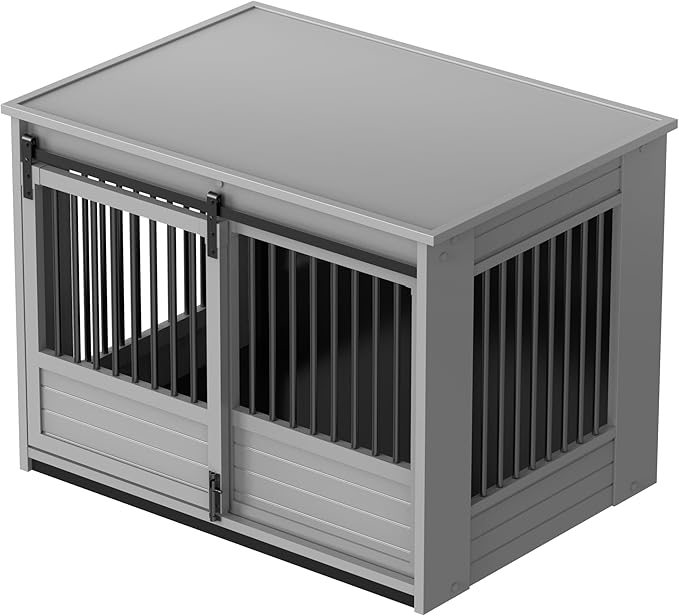 New Age Pet ECOFLEX Barn Door Dog Crate End Table - Grey, Large - Durable Wood Plastic Composite with Stainless Steel Latch, Easy Assembly, 10 Year Warranty