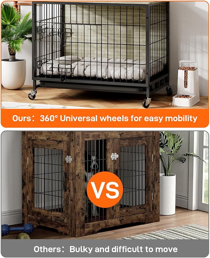 Dog Crate Furniture, Dog Kennel Indoor Double Doors Wooden Dog Cage, 32'' Dog Crate with Pull-Out Tray & Removable Wheels, Decorative End Table Pet House Chew-Resistant for Medium Dog, Rustic Grey