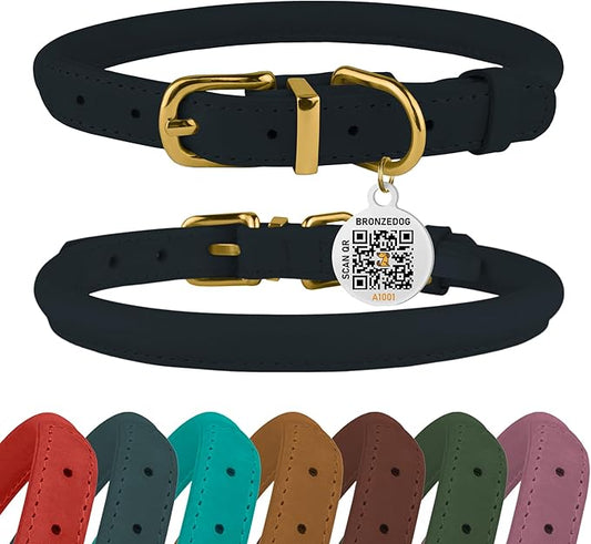 BRONZEDOG Rolled Leather Dog Collar with QR ID Tag Adjustable Soft Round Collars for Small Medium Large Dogs Puppy Cat (7" - 10" Neck Size, Dark Blue)