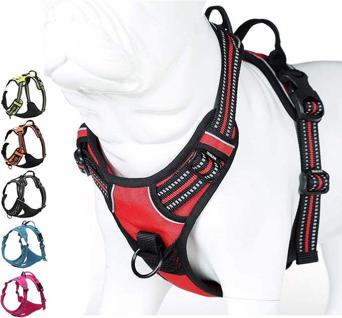 Soft Front Dog Harness .Best Reflective No Pull Harness with Handle and 2 Leash Attachments Red