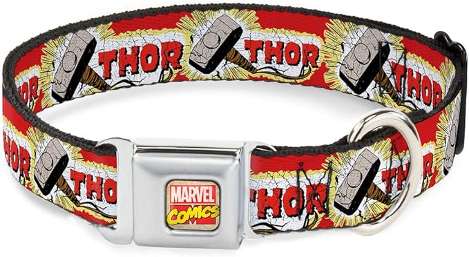 Buckle-Down Dog Collar Seatbelt Buckle Thor Hammer Red Yellow White 16 to 23 Inches 1.5 Inch Wide, Multicolor (DC-WTH005-WM)