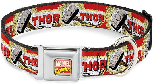Buckle-Down Dog Collar Seatbelt Buckle Thor Hammer Red Yellow White 18 to 32 Inches 1.5 Inch Wide, Multi Color (DC-WTH005-WL)