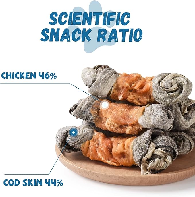 Chicken Wrapped Cod Skin Knotted Bones-6.5", All-Natural Healthy Dog Chew Treats Fish Skin, Rich in Omega3 Protein 5-6 Pcs 10.6 OZ