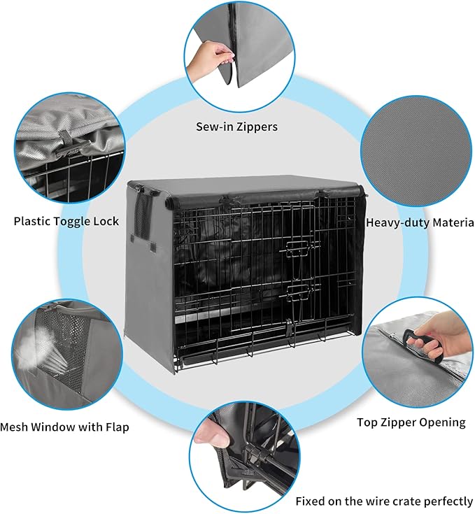 Dog Crate Cover 30 Inch Dog Kennel Cover, Metal Small Dog Crate Bumper for Wire Dog Cage with1 2 3 Doors, Waterproof 600D Oxford Fabric Indoor/Outdoor Gray