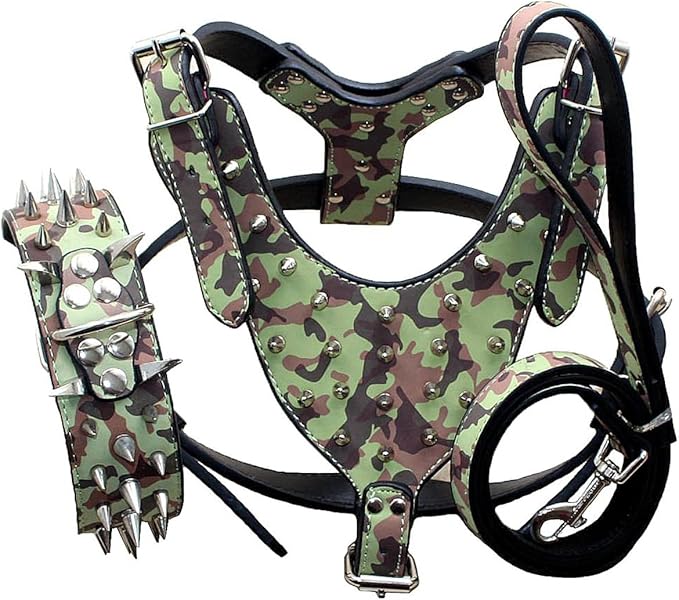 Leather Spiked Studded Harnesses, Collars & Leashes 3Pcs Matching Set for Medium & Large Dogs Pitbull,Mastiff, Boxer, Bull Terrier (Camo1, M)