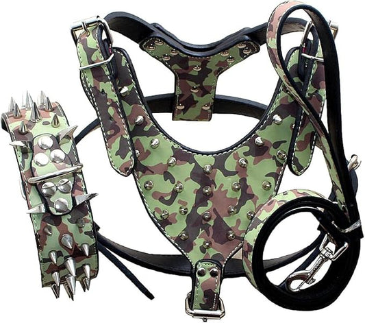 Leather Spiked Studded Harnesses, Collars & Leashes 3Pcs Matching Set for Medium & Large Dogs Pitbull,Mastiff, Boxer, Bull Terrier (Camo1, M)