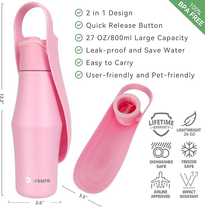27 OZ Dog Water Bottle Portable Stainless Steel Convenient Pet Water Dispenser, Leak Proof Puppy Travel Water Bowl for Dog Outdoor Walking, Hiking, Perfect Size for All Dog Breeds, Pink