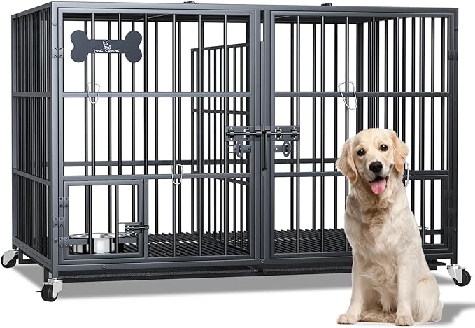 Dosker 42 inch Heavy Duty Metal Dog Crate Cage with Divider for 2 Dogs/Large Dog,All Metal Open Top Escape Proof Cage,Dog Kennel Indoor with Wheels,Floor Grid,Tray,Feeding Bowl