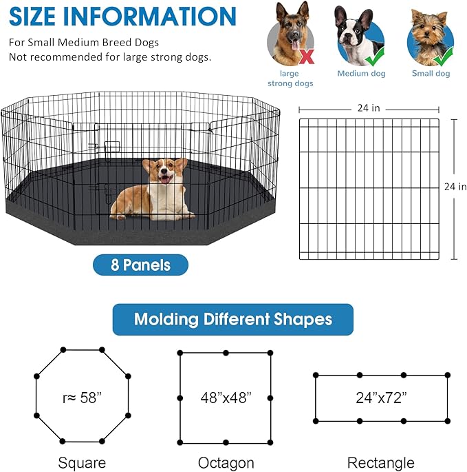 Artmalle Puppy Pet Playpen 8 Panel 24 Inch Indoor Outdoor Metal Portable Folding Animal Exercise Dog Fence Ideal for Pet Animals Dog Cat Rabbit Breed Puppy with Bottom Pad (Black with Bottom pad)