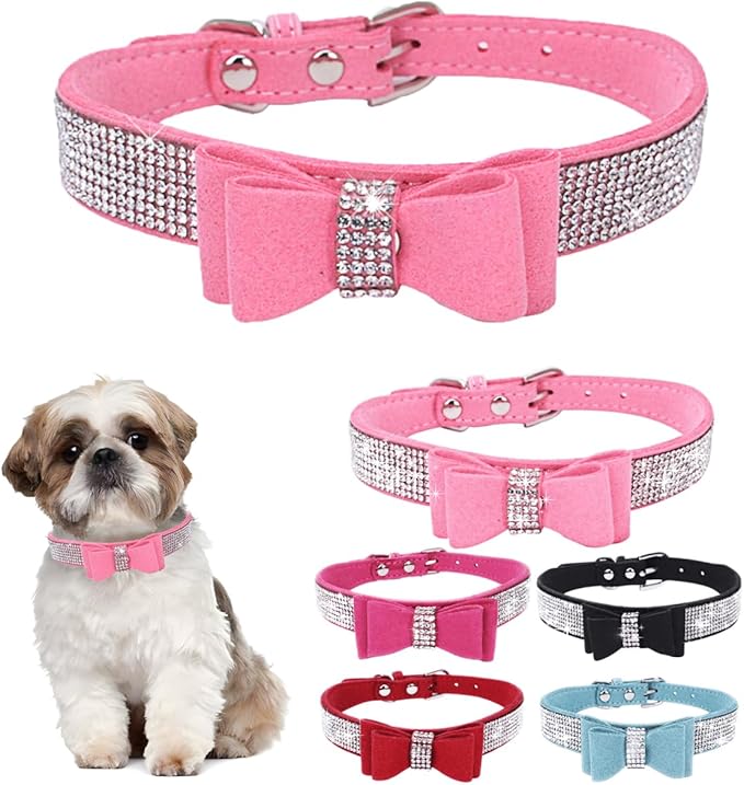 Bling Girl Dog Collars, Diamond Dog Collar with Bow tie, Female Cat Collars Crystal Jeweled Rhinestone Sparkling Glitter for Small Medium Large Dogs,Pink,L