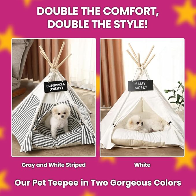 Cat Tent, Portable Dog Tent for Small Pets, Stylish Teepee Design, Cozy Hideaway Reduces Pet Stress, Easy Clean Canvas, Foldable Pet Bed - White, Portable