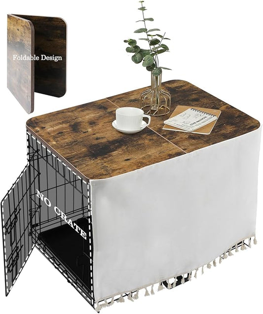 Dog Crate Topper Wood for 24 30 36 42 48 inch Cages, Dog Crate Table Topper Foldable Dog Kennel Topper with Tassel Curtain, Rustic Style Top Rustic Brown(Crate Not Include)
