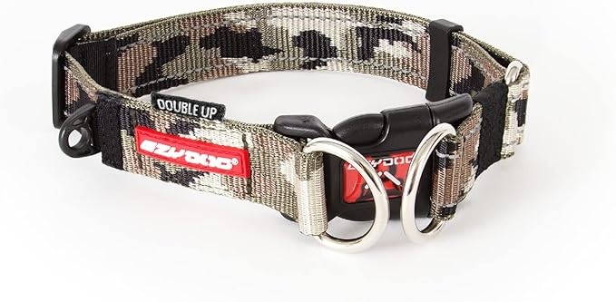EzyDog Double Up Premium Nylon Dog Collar with Reflective Stitching - Double D-Rings for Superior Strength, Safety, and Comfortability - Non-Rusting and Includes an ID Attachment (X-Large, Green Camo)