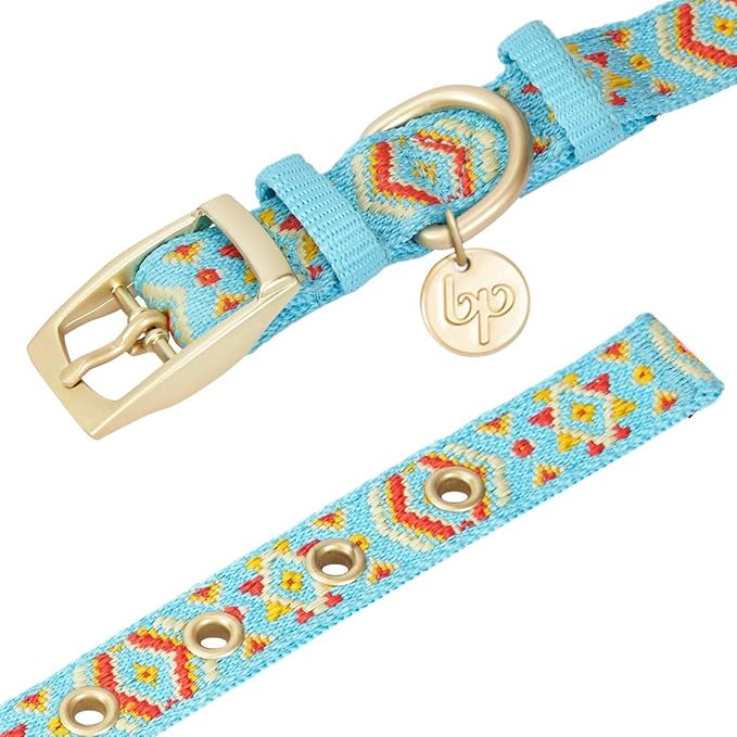 Blueberry Pet 3 Patterns Southwestern Magical Tribal Print Celeste Blue Adjustable Dog Collar with Metal Buckle, Neck 17-20.5", for Large Breed
