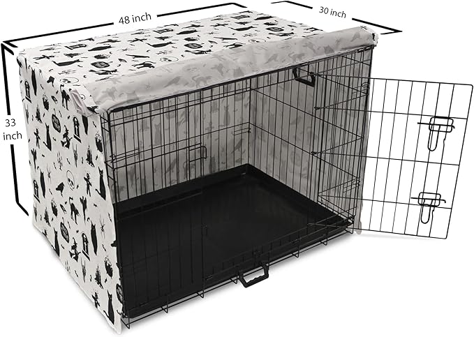 Lunarable Halloween Dog Crate Cover, Horror Pattern Tombstone Kitty Owl Voodoo Trick or Treat Pumpkin, Easy to Use Pet Kennel Cover for Medium Large Dogs, 48 Inch, Grey Black Charcoal
