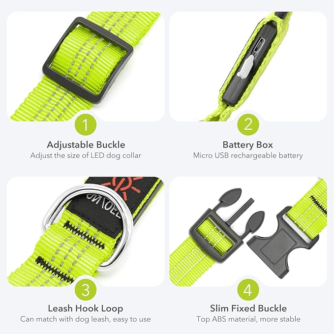 LED Dog Collar - USB Rechargeable Light Up Dog Collar Lights, Adjustable Comfortable Soft Safety Dog Collar for Night Walking (Green, Medium)