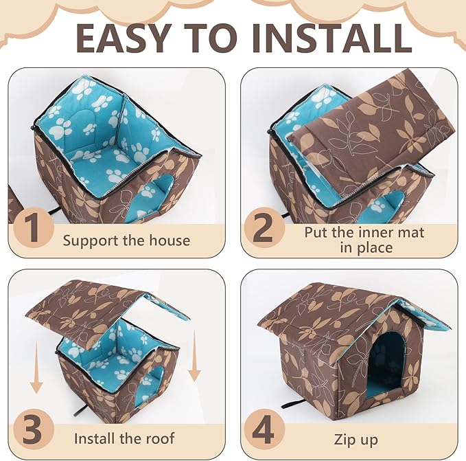 Outdoor Cat House Water Resistant Oxford Cloth Warm Cat House Removable Foldable, Outdoor Houses for Feral Cats Dogs (Leaf Pattern, Medium House)